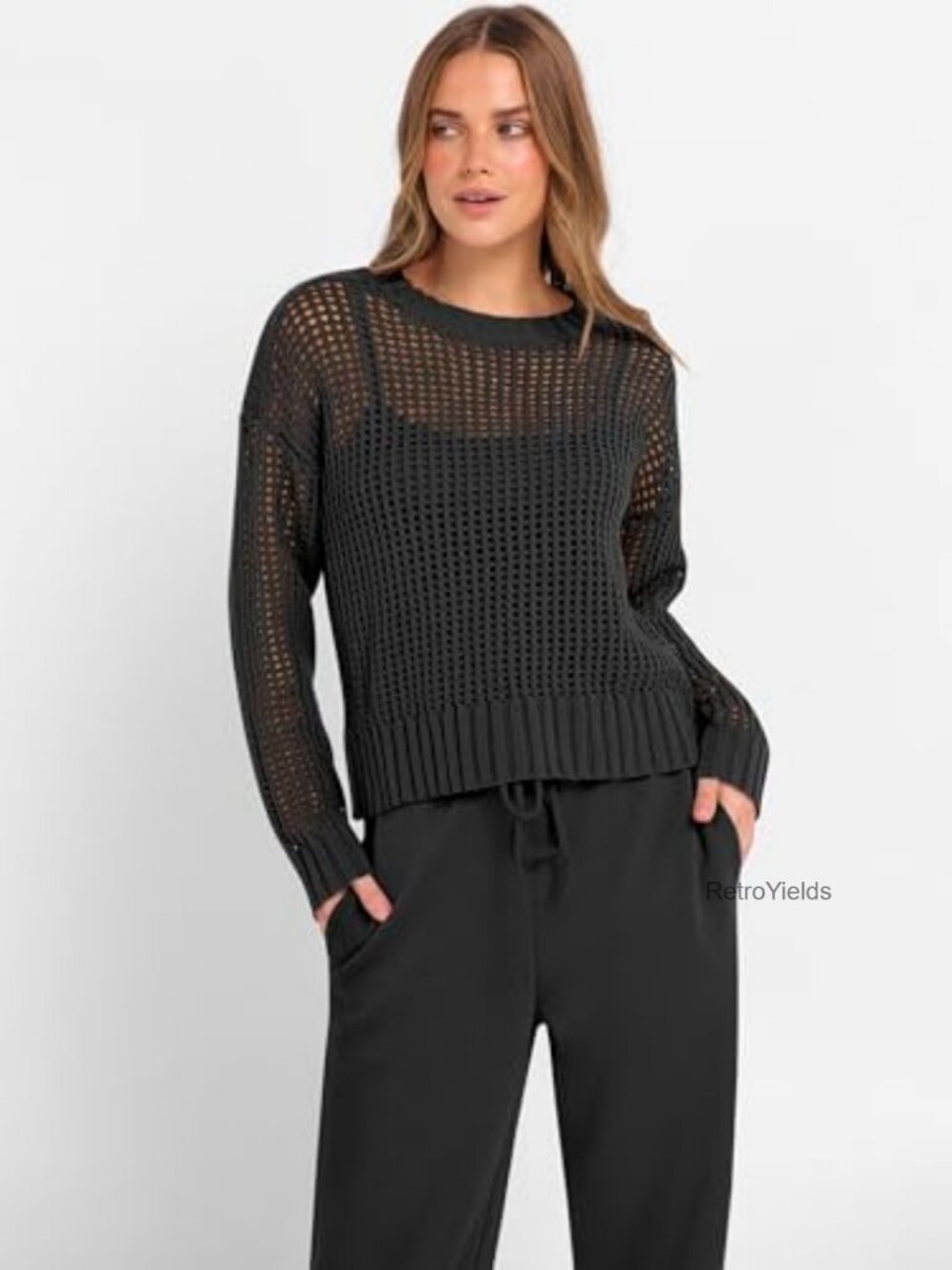 Crochet Sheer Knit Two Piece Lounge Set Wide Leg Pants Sweatsuit - Picture 2 of 6